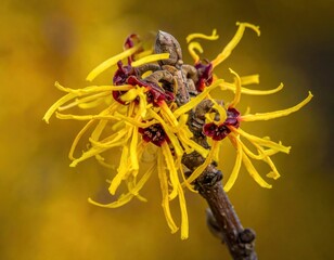 Close-up of spidery yellow blossoms with maroon centers on a branch