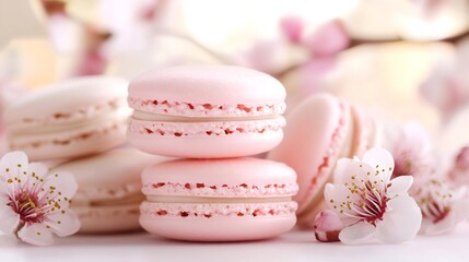 Pink macarons stacked with cherry blossoms