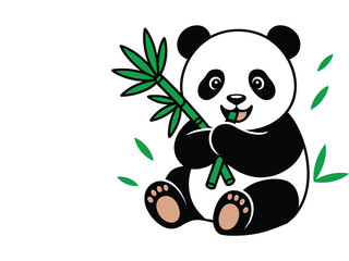 Obraz premium Cartoon panda eating bamboo shoots sitting down on a white background