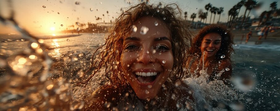 Two friends enjoying a playful sunset swim in the ocean