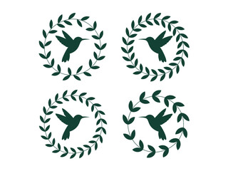 Four green hummingbird silhouettes surrounded by leafy circular wreaths