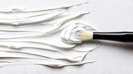 A black-handled paintbrush with white bristles is actively applying thick white paint, creating textured, sweeping strokes across a white surface. The lighting