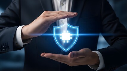Data security concept with glowing shield and microchip in hands.