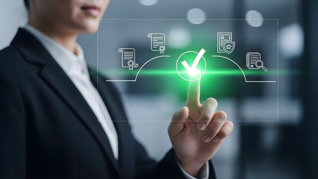 Businesswoman touches virtual checkmark for quality assurance - Powered by Adobe