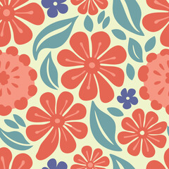 Retro floral pattern with stylized flowers and leaves in warm colors.