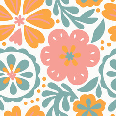 Retro floral pattern with stylized flowers and leaves in warm colors.