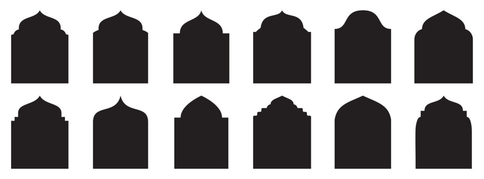 Islamic door and window shape. mosque gates and window frame. Traditional islamic arches boho minimalist design, arabic geometric frames with mosque dome silhouette. Set of Islamic border frame 