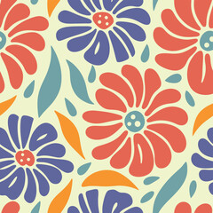 Retro floral pattern with stylized flowers and leaves in warm colors.