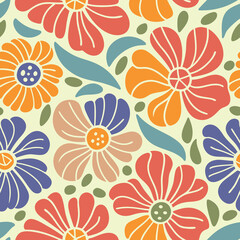 Retro style daisy flower pattern with blue leaves on coral background.