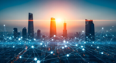 Futuristic cityscape with digital network and glowing skyline