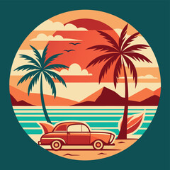 Retro sunset beach scene with palm tree and beach hut.