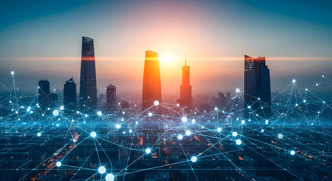 Futuristic cityscape with digital network and glowing skyline