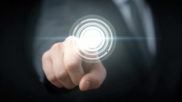 Businessman Touching Virtual Interface with Circular Digital Elements and Displaying Touch Interaction Concept 4k video footage