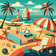 Retro car and sailboat on a tropical beach at sunset with palm trees.