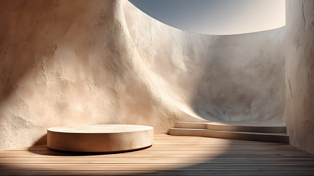 Minimalist interior with a circular stone pedestal on a wooden floor, textured curved walls, and natural light