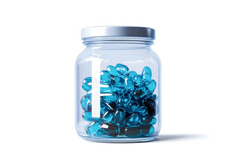 Clear Glass Jar Filled with Blue Softgel Capsules Pills Medicine on White Background