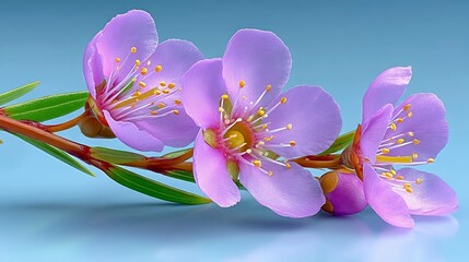 A close-up shot of delicate purple flowers with yellow stamens blooming on a thin branch, set against a smooth, light blue background.