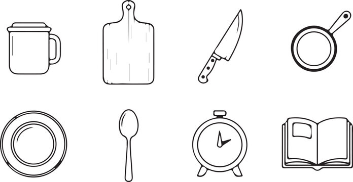 Kitchen Utensils: A minimalist illustration showcases an array of essential kitchen tools, each item meticulously outlined to highlight their unique shapes and purposes.