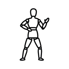 Articulated wooden mannequin line icon with one arm on hip, gesturing with the other, simple design