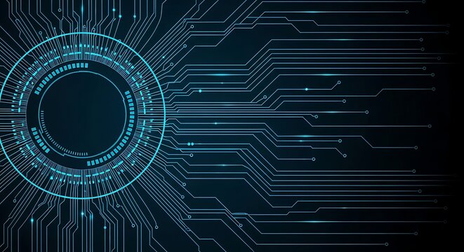 Abstract futuristic digital circuit board with glowing blue lines - Powered by Adobe