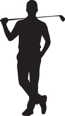 Silhouette of a golfer leaning on a golf club relaxed pose.