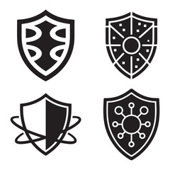 Modern quantum shield icon set featuring abstract geometric shapes and silhouette designs