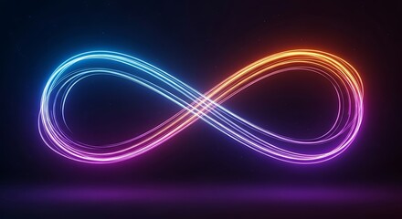 Vibrant neon infinity symbol glowing in the dark with a gradient of colors