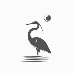 Fototapeta premium Elegant heron bird silhouette standing in water with abstract sun/moon, minimalist vector logo icon design, graceful nature graphic.