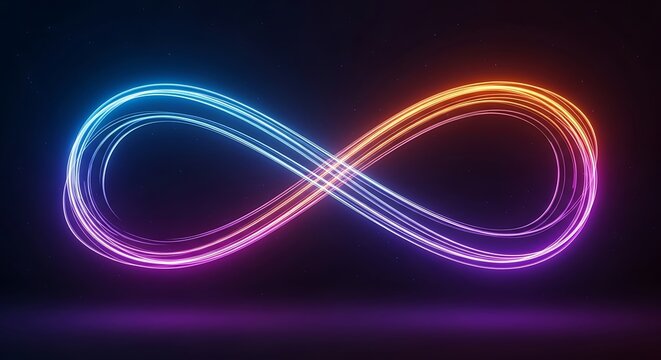 Vibrant neon infinity symbol glowing in the dark with a gradient of colors