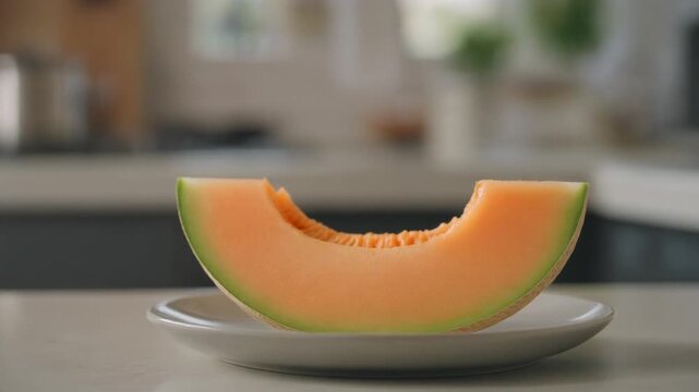 A delicious slice of cantaloupe melon on a small white plate, ready to be enjoyed