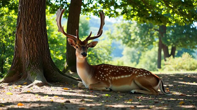Deer with antlers resting in forest