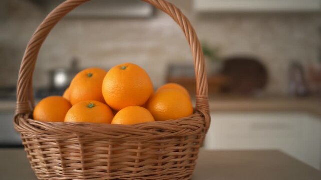 A basket overflowing with vibrant oranges. The image captures the freshness of the fruit, hinting at the simple pleasures of a kitchen setting.