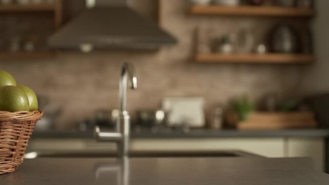A kitchen with a blurred background, featuring a sink and fruit basket