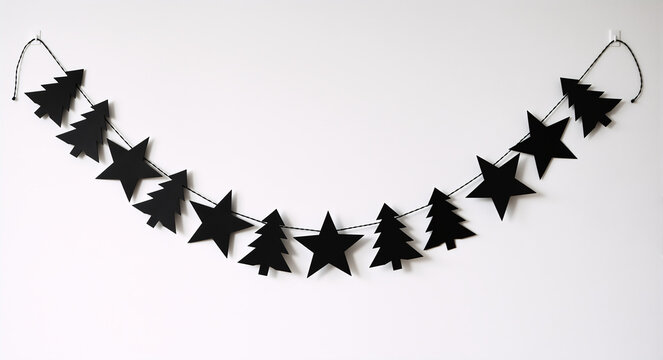 Minimalist black Christmas garland with star and tree shapes. Modern monochrome holiday decoration on a white wall. Gothic festive banner concept - Powered by Adobe