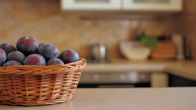 A basket of fresh plums sits on a countertop, with a blurred kitchen backdrop in a sunny and well-lit interior