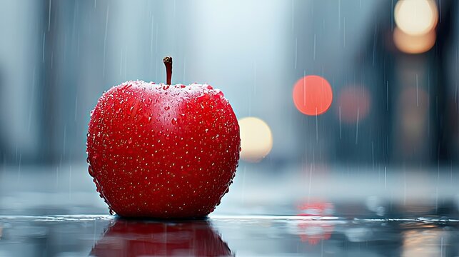 A single, vibrant red apple sits on a reflective, wet surface. Raindrops are visible on the apple and falling around it. The background is blurred, showing boke