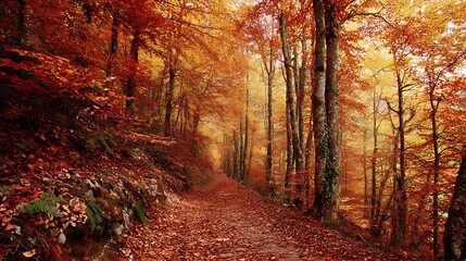 Obraz premium Autumn forest trail covered leaves with rich amber and deep red colors