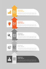 Up arrow vertical business and marketing infographics template. Five steps to success, promotion, data visualization.
