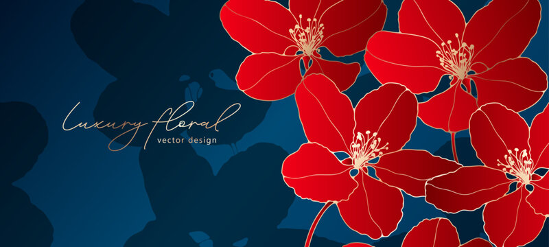 Red exotic flowers luxury vector floral design. Greeting card template with golden flowers on dark blue background