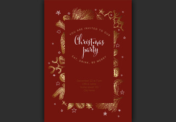 Elegant Christmas Party Invitation with Golden Botanical Illustrations