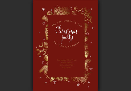 Elegant Christmas Party Invitation with Golden Botanical Illustrations
