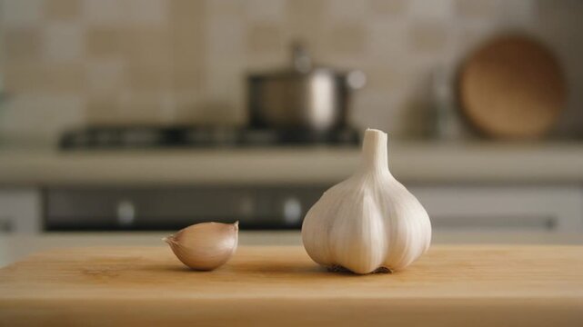 Fresh garlic bulb and clove arranged on a wooden board with a blurred kitchen background. The garlic bulb appears freshly picked. The scene is bright and airy, with soft focus on the background.