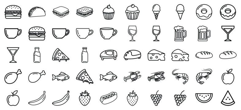 Food & Drinks Line Art Icons – Minimal Flat Black Outline Vector Set for Restaurant, Cafe, Fast Food, Beverages, and Dessert Design