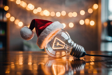 Christmas light bulb with Santa hat and bokeh lights.