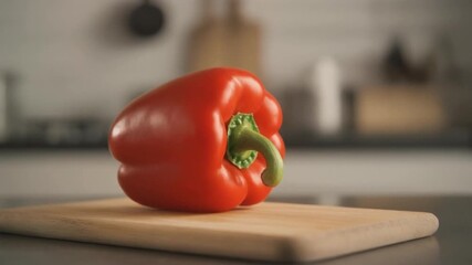 A fresh, vibrant red bell pepper sits on a wooden cutting board, ready for culinary use. The pepper's rich color and organic shape offer an immediate visual appeal