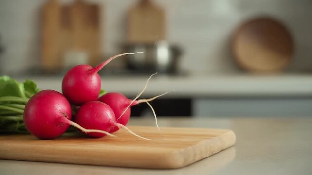 Fresh, vibrant radishes resting on a wooden cutting board, ready for culinary use. The scene is set in a bright, modern kitchen setting.