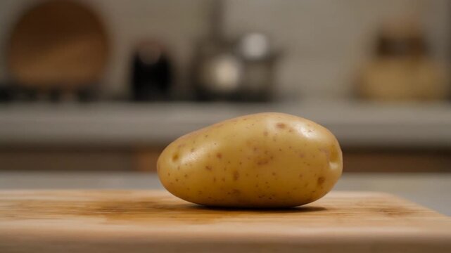 A singular raw potato on a wooden cutting board, captured in a close-up shot