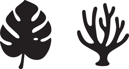 Black monstera leaf and coral silhouette on white background vector