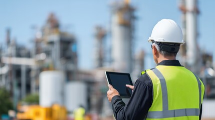 Fototapeta premium Industrial worker using tablet at refinery facility