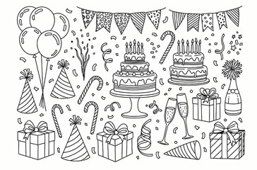 Whimsical hand drawn birthday celebration elements collage with cakes gifts and bunting